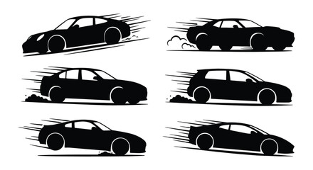 Fast racing car silhouettes with speed lines, set of 6 black sports car vector icons, automotive motion graphics for racing and drift events © MD