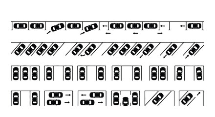 Top view car parking icons set, black and white vehicle silhouettes in various parking lot layouts, overhead urban transport vector elements © MD