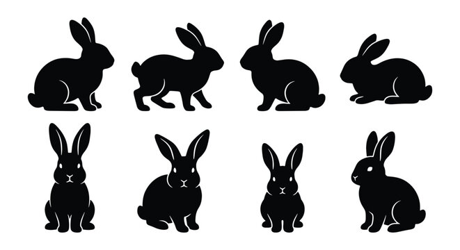 Black rabbit silhouette set, 8 vector bunny icons in various poses, minimalist hare animal shapes for Easter and nature designs