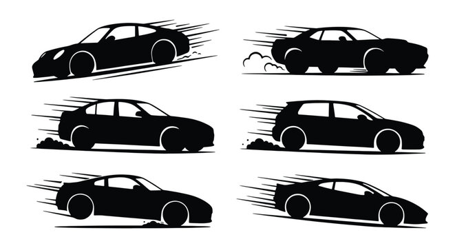 Fast racing car silhouettes with speed lines, set of 6 black sports car vector icons, automotive motion graphics for racing and drift events