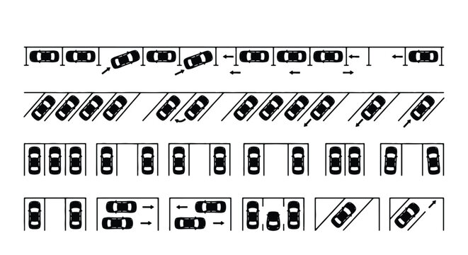 Top view car parking icons set, black and white vehicle silhouettes in various parking lot layouts, overhead urban transport vector elements