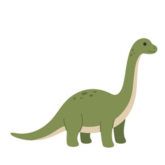 Cute cartoon green brontosaurus dinosaur standing against a plain white background © naydesignsco