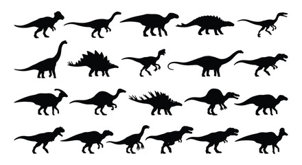 Dinosaur silhouette collection, 20 prehistoric animal vector icons, black jurassic creature shapes, extinct reptile silhouettes for educational design © MD