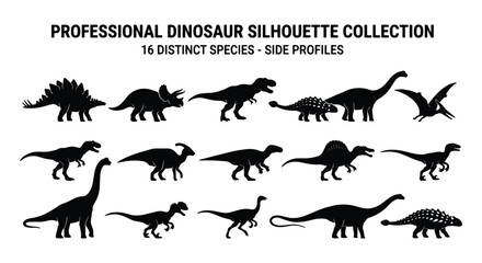 Professional dinosaur silhouette collection, 15 distinct species side profiles, black prehistoric animal vector set for educational infographics © MD