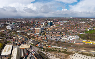 Fototapeta premium Aerial view above Wakefield cityscape skyline with Kirkgate train station