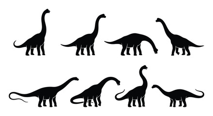 Brachiosaurus dinosaur silhouettes collection, set of 8 long neck sauropod vector icons, black prehistoric animal shapes on white background © MD