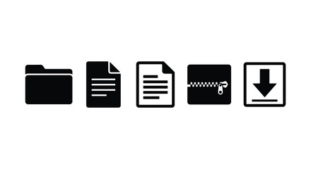 Minimalist document management icons, black file folder and paper symbols, digital download and zip archive vector set for web interface design © MD