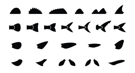 Fish fin and tail silhouette collection, 24 black marine animal body parts, shark and dolphin dorsal fin icons, aquatic wildlife vector set © MD