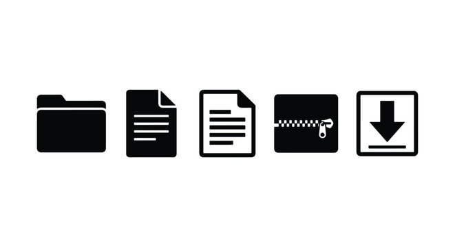 Minimalist document management icons, black file folder and paper symbols, digital download and zip archive vector set for web interface design