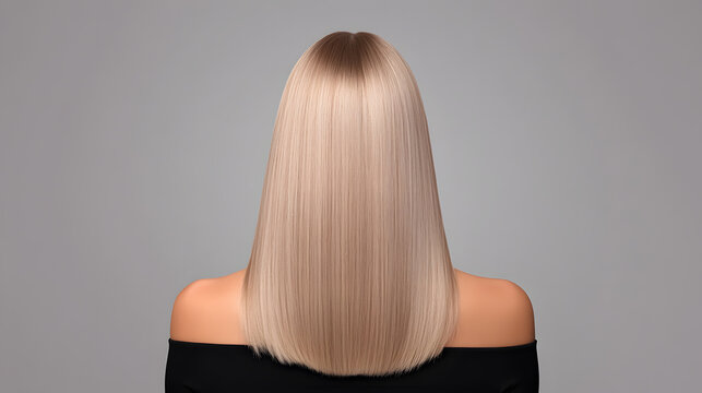 Long straight blonde hair from back, Sleek hairstyle studio portrait, Off shoulder black top, Gray background, Hair care concept, Minimal beauty mockup