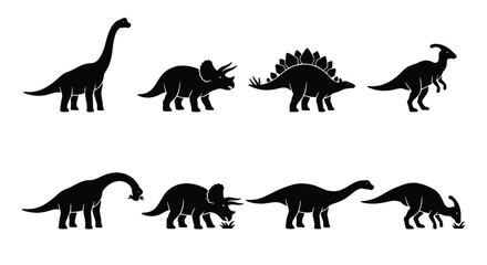 Dinosaur silhouette collection with 8 vector elements, prehistoric animal icons including triceratops and stegosaurus, black dinosaur shapes for logos © MD