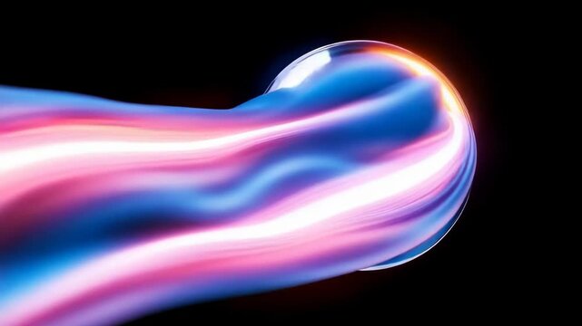 Smooth neon light streaks flowing and wrapping around a reflective sphere isolated on a black background