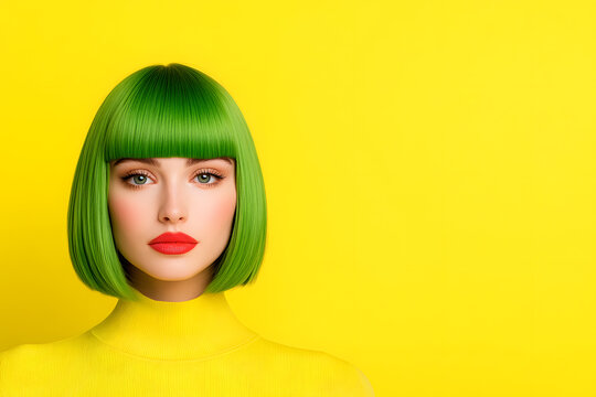 Green bob hairstyle portrait, White woman model, Straight blunt haircut, Yellow studio background, Bold makeup fashion look, Minimal creative composition, Modern beauty concept