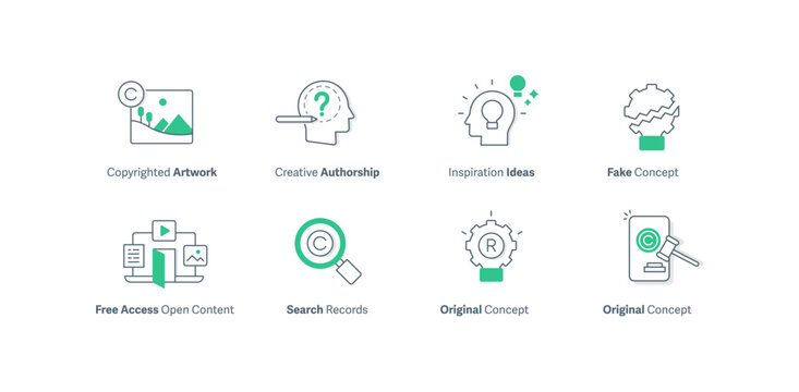Copyrighted Artwork, Creative Authorship, Inspiration Ideas, Fake Concept, Free Access Open Content, Search Records, Original Concept Icons Set, Intellectual Property Protection and more.