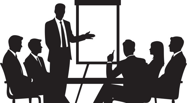 business people in a meeting, with one presenting at a flipchart to an attentive audience. Silhouette icon drawing vector