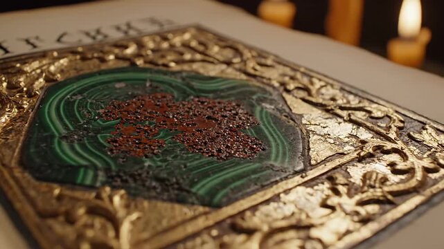 Closeup of ornate book with gemstone on aged pages
