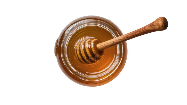 Golden honey in glass jar with wooden dipper, isolated on transparent background