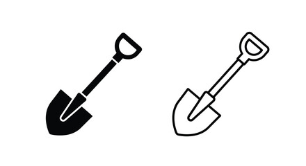 Two simple black and white illustrations of garden shovels a bold silhouette © Mithon