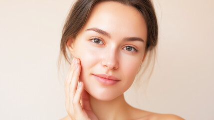 Obraz premium Woman gently touching her smooth cheek, showcasing clear skin, a radiant glow, and the concept of healthy skincare