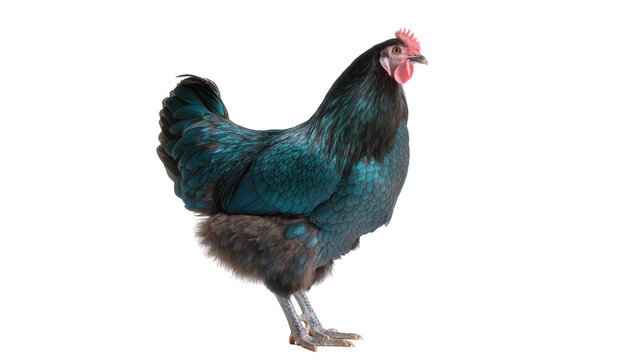 Black Australorp chicken with iridescent teal feathers, isolated on transparent background
