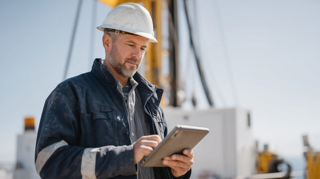 Enhanced geothermal drilling rig standing against a volcanic plateau sky, steam venting from a wellhead as engineers in hard hats review borehole data on ruggedized tablets, harsh midday sun casting