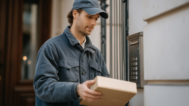 Delivery worker pressing intercom buzzer of gated apartment courtyard, oversized parcel balanced against hip, locked gate, buzzer panel with twelve units listed, rainy afternoon, perfect for urban l