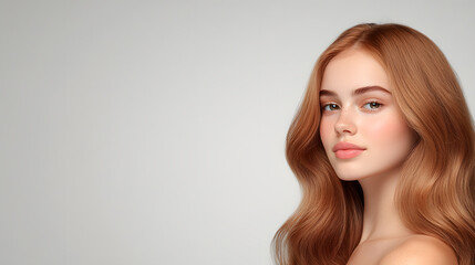 Naklejka premium Auburn hair beauty portrait, White woman model, Long soft waves hairstyle, Side view close up, Studio minimal background, Natural makeup look, Clean elegant cosmetic concept