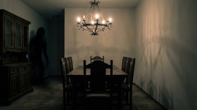Shadowy monster standing in dark dining room with moody chandelier light. Scary paranormal entity lurking in house interior. Spooky ghost haunting home. Cinematic horror atmosphere.