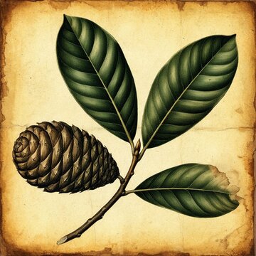 Vintage botanical illustration of Agathis tree branch with broad leaves and woody cone on aged parchment background.
