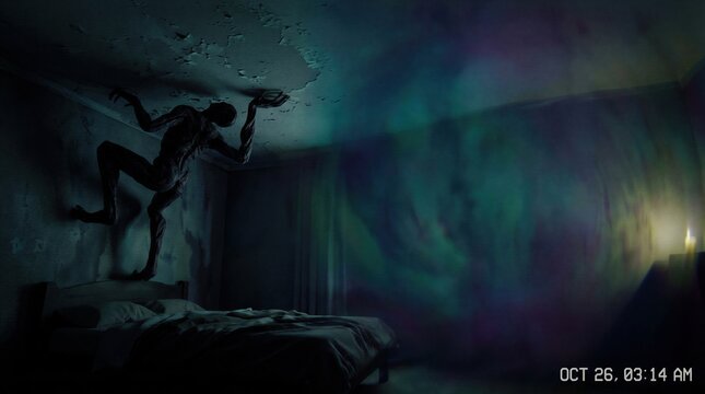 Scary monster walking on ceiling of dark bedroom at night. Creepy demon creature haunting abandoned house interior. Supernatural horror scene film style cinematic lighting suspense.