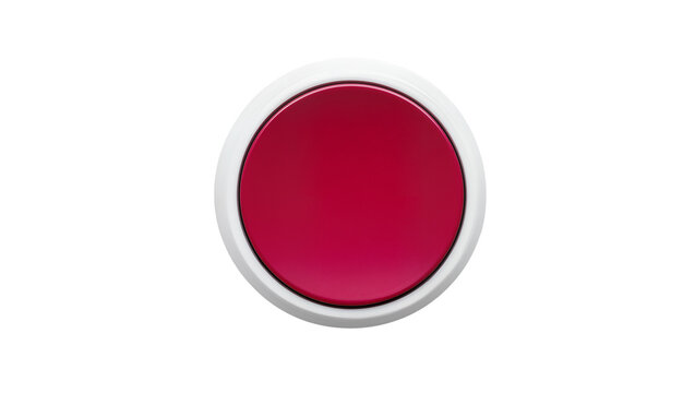 Glossy crimson red circular button with white rim, isolated on transparent background