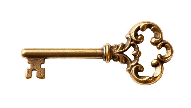 Ornate antique brass skeleton key with intricate scrollwork, isolated on transparent background