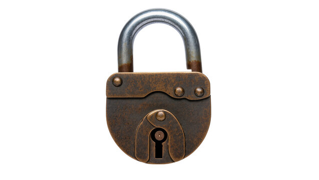 Antique rusty padlock with metal shackle, isolated on transparent background
