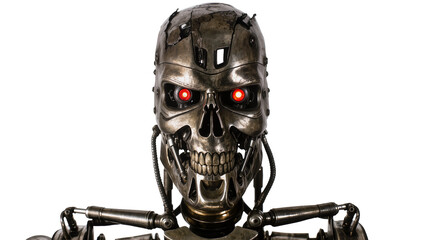 Scary metallic cyborg skull with glowing red eyes, isolated on transparent background © Sofix