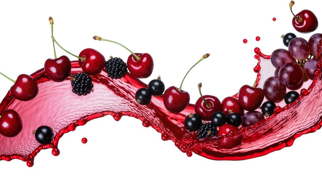Assortment of fresh cherries blackberries and grapes splashing in red juice, isolated on transparent background