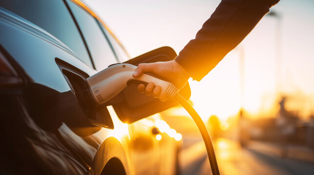 Hand plugging electric car charger into vehicle at charging station during golden hour, emphasizing clean energy and sustainable future