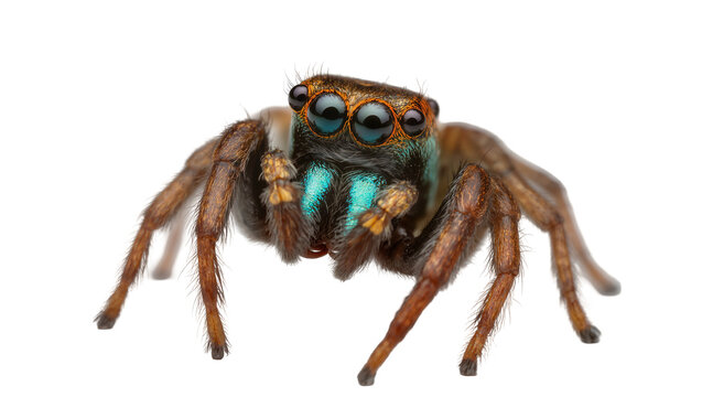 Small brown jumping spider with iridescent blue markings, isolated on transparent background