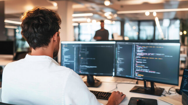 Developer writing code on dual computer monitors in a modern office, creating software for technology solutions