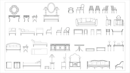 Obraz premium Classic furniture set, elegant vintage home decor elements featuring sofa, armchair and coffee table arrangement, clean CAD-style vector illustration isolated on white background, EPS 10.