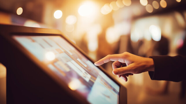 Human hand touching interactive screen in a smart store, accessing information through modern digital kiosk technology