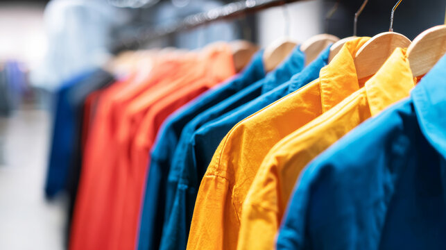 Row of colorful protective work jackets hanging on rack in clothing store, showing professional uniforms
