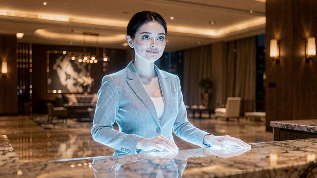 interactive hologram concierge woman assisting at marble desk