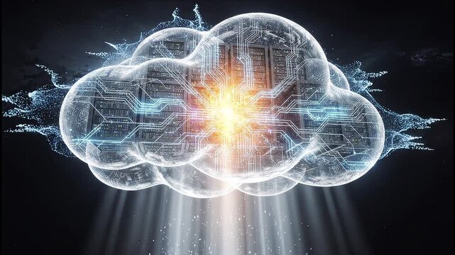 Futuristic cloud computing system visualized as a glowing data cloud with internal servers and flowing data streams, pulsing core and network activity, cinematic CGI, AI-generated looped video