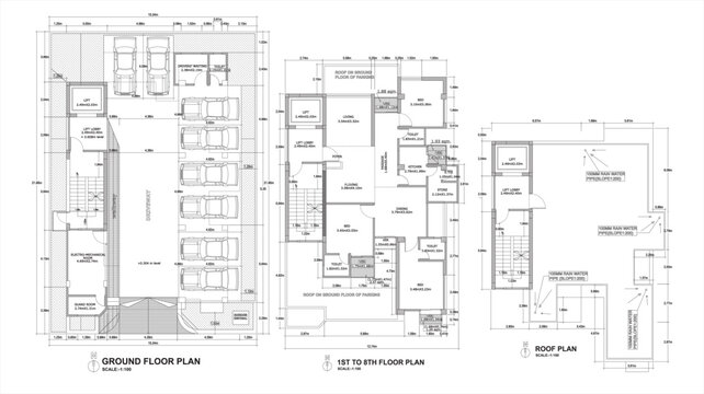 Residential ground floor to 8th floor and roof plan layout, architectural building design, multi-storey housing arrangement &ndash; clean CAD-style vector illustration isolated on white background. EPS 10.
