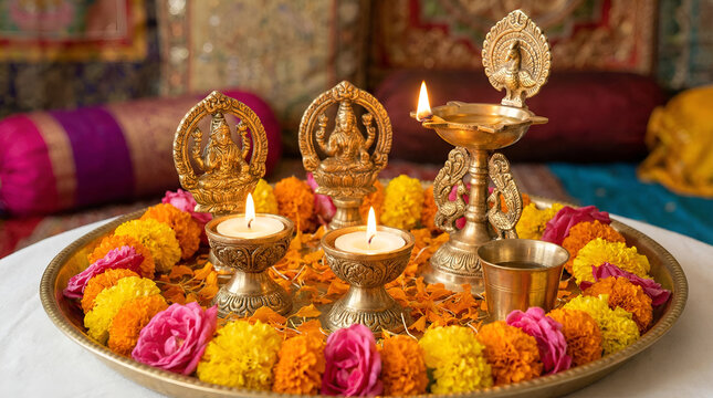 Beautifully decorated Pooja Thali for diwali worship celebration, having Indian sweets, lamp, flower. ai generative