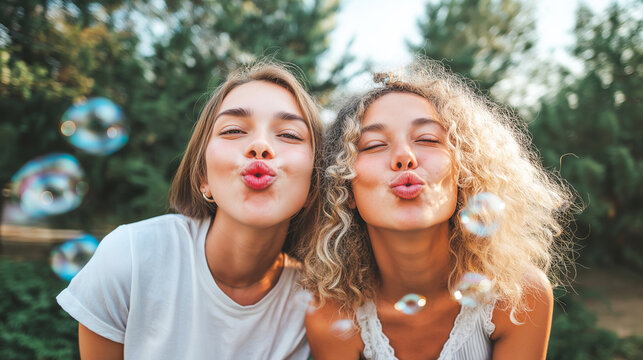 Happy young women friends blowing soap bubbles together, enjoying playful summer activity in a lush green park