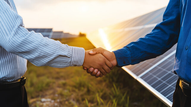 Two business partners shaking hands, finalizing agreement on renewable energy business, with solar panels under warm sunset
