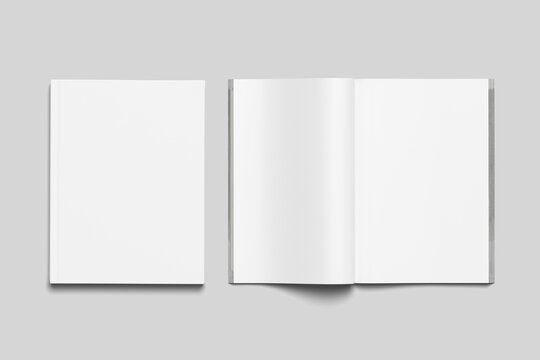 A4 magazine mockup top view, book or catalog on gray table. Blank page or notepad on solid background. Blank page or notepad for mockups or simulations.