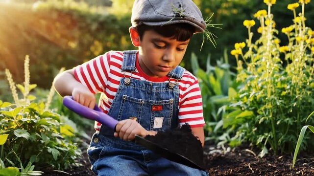 Little boy in striped shirt and overalls gardening in a sunny outdoor setting with flowers