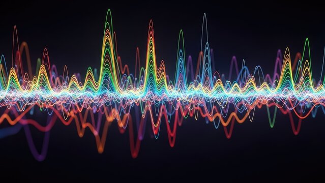 A vibrant and dynamic sound wave graphic with colorful neon lines